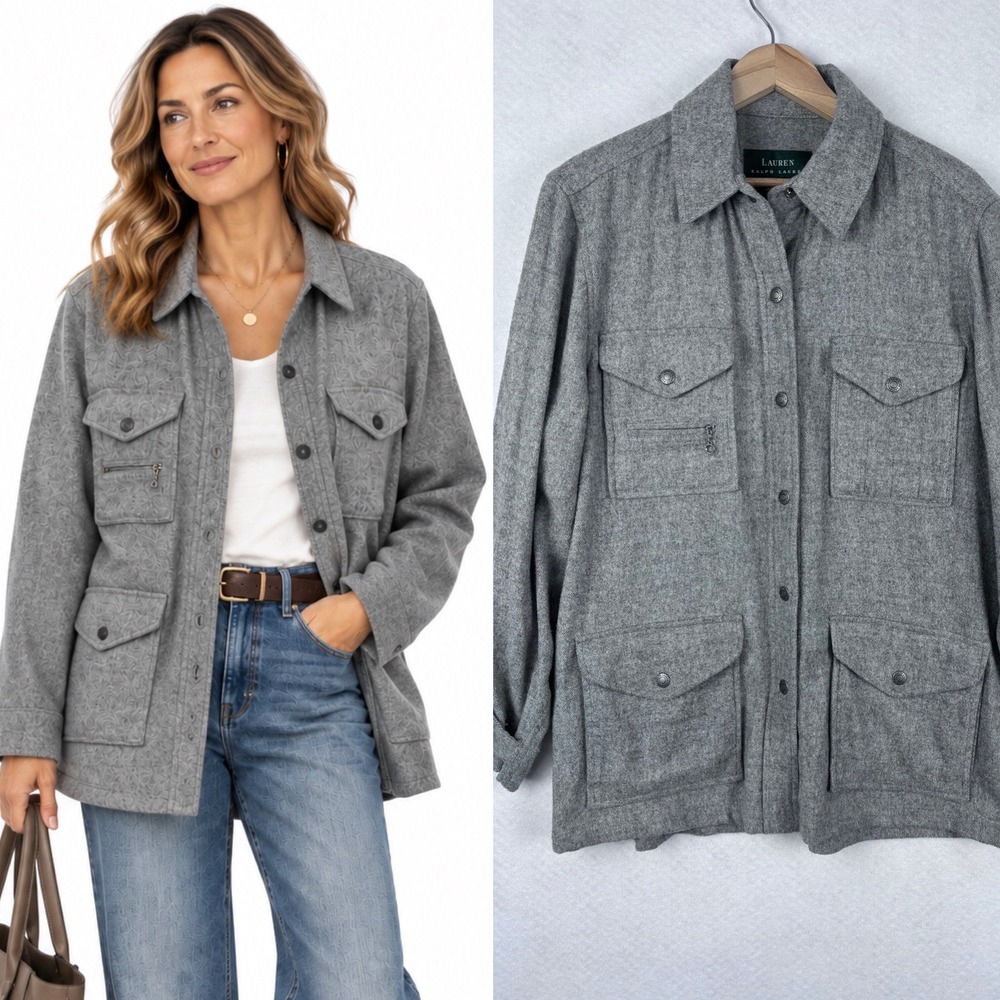 LAUREN Ralph Lauren Wool Blend Shacket Medium Grey Herringbone Utility Shirt